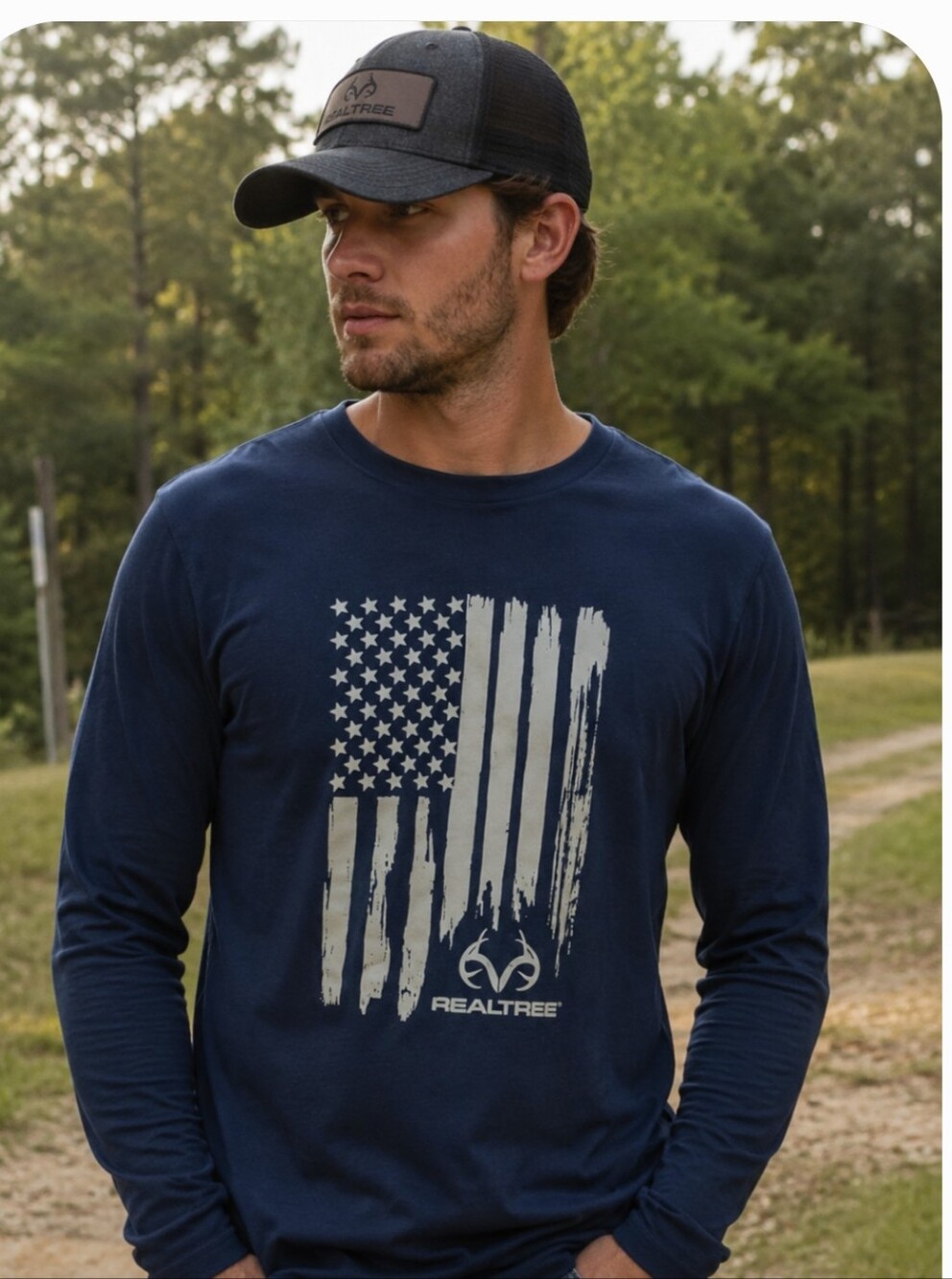Realtree Black Long Sleeve Tee with Distressed White Flag Graphic